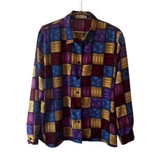 Vintage 80s Ladies Checkered Abstract Satin Silky Button-Down Blouse, L